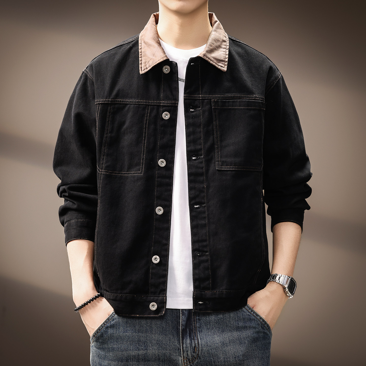 高端美式拼色巴恩风牛仔外套男士2025秋季新款棉籽壳宽松工装夹克