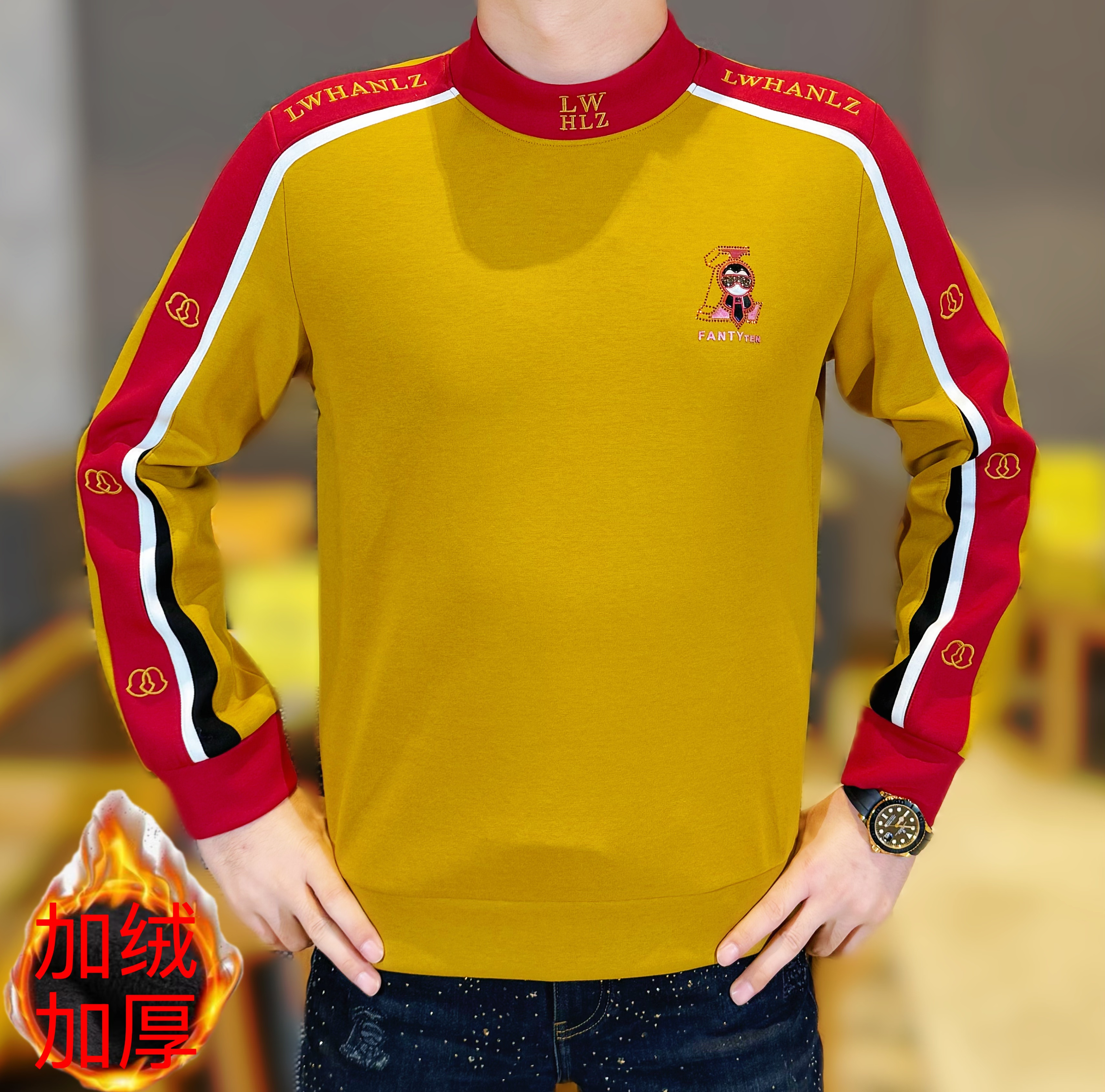 2025冬季新款小佛爷男士时尚撞色刺绣织带拼接圆领加绒加厚卫衣