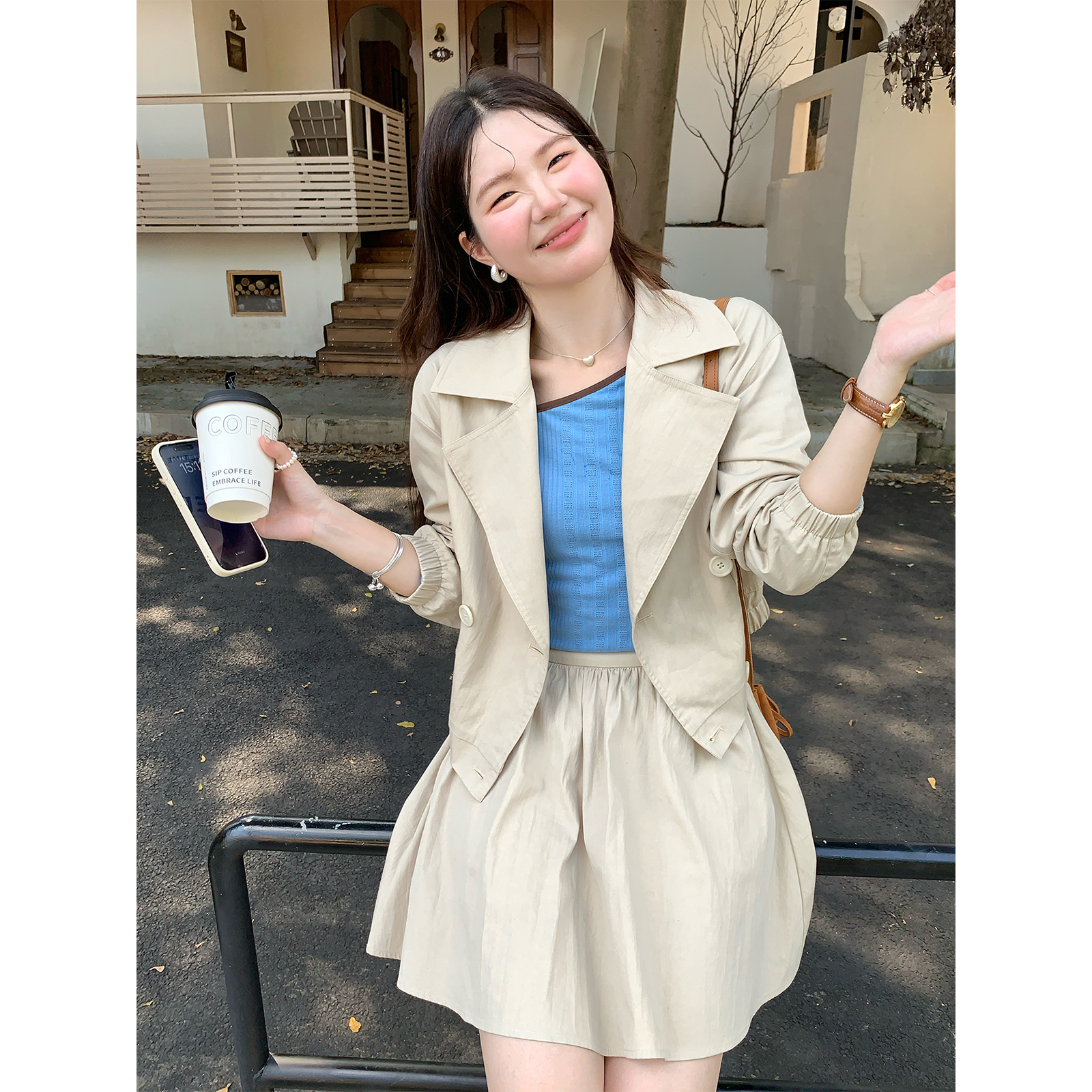 火火火【诺丁假日】韩版小众翻领外套半身裙套装S36907HH53