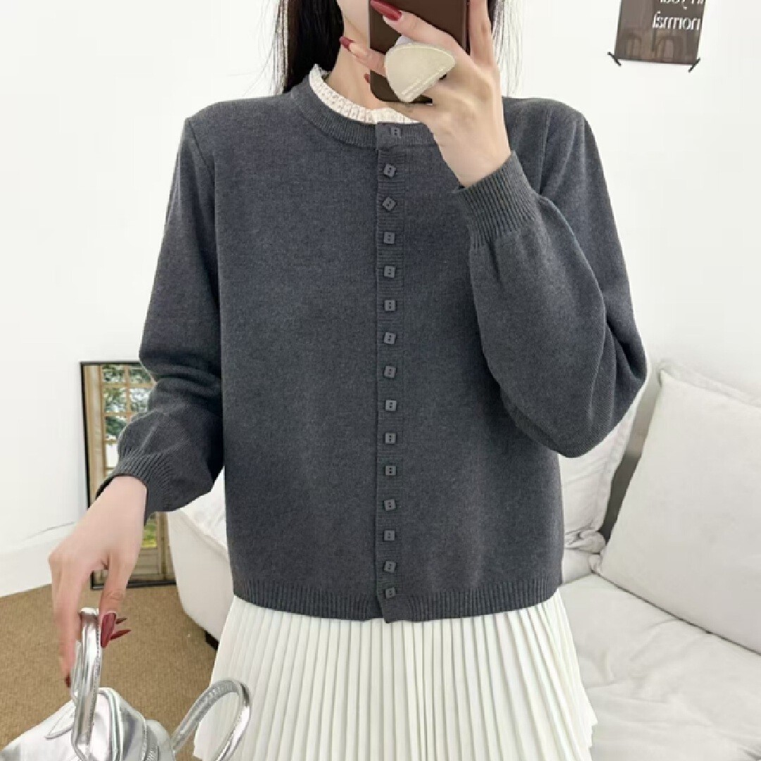长袖花边百搭气质洋气时尚纯色春秋款女上衣针织毛针织衫毛衣简约
