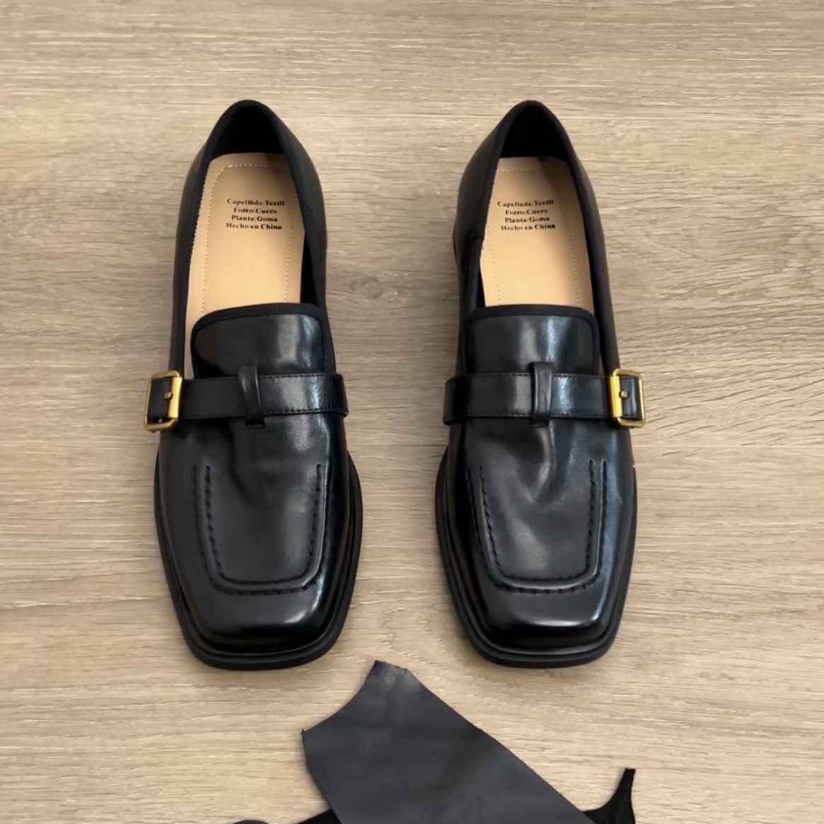 Dannyfrey英伦复古皮带扣头层小牛皮方头深口女士舒适粗跟乐福鞋