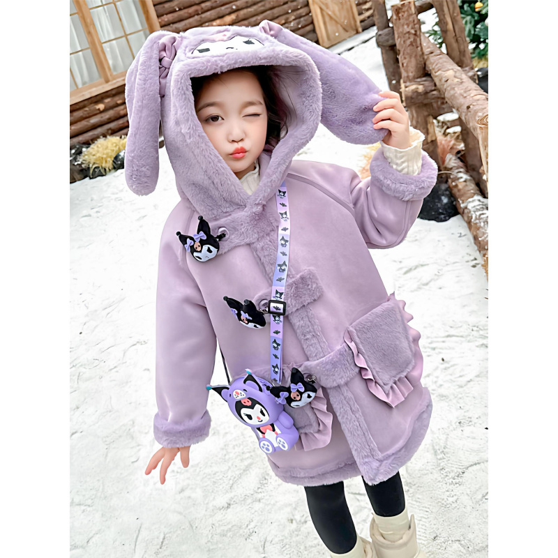 女童加绒外套秋冬款2025新款儿童初冬季中长款大衣宝宝库洛米上衣