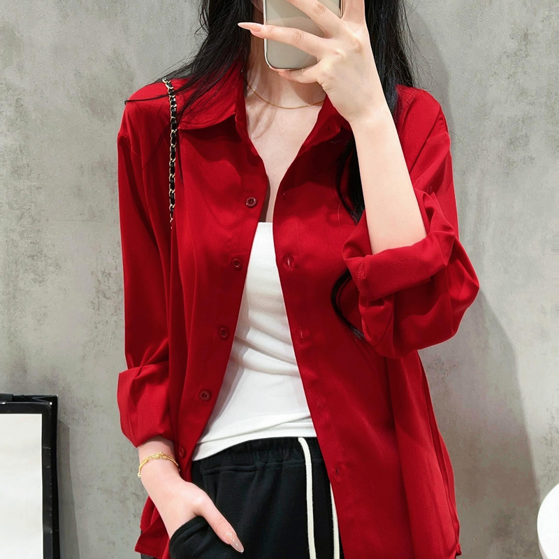 翻领长袖大红雪纺衬衫春夏新款女装港味百搭显瘦洋气时髦红色上衣