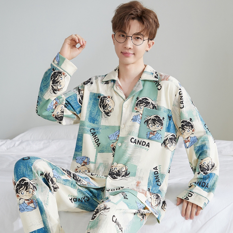 春秋季纯棉睡衣男士长袖开衫卡通可外穿大码青少年男款家居服套装