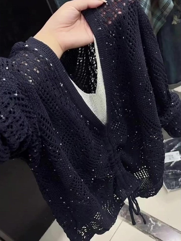 欧货时尚高级感洋气V领假两件镂空藏蓝色针织衫秋百搭休闲长袖