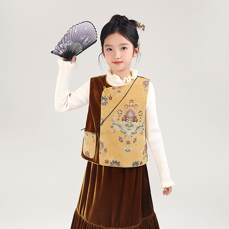 80809新中式女童汉服马甲外搭坎肩背心国风盘扣唐装女孩上衣童装