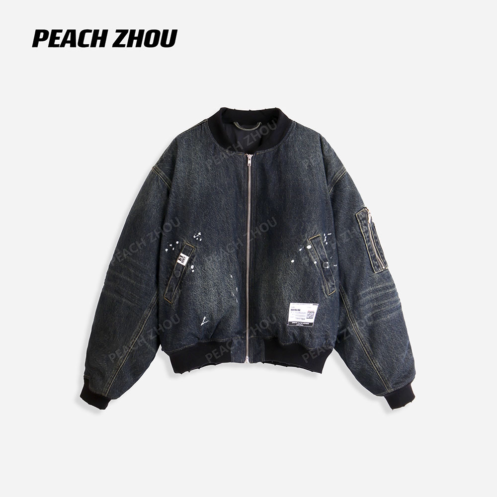 『PEACHZHOU』泼漆水洗磨破做旧宽松棒球领牛仔外套休闲飞行员棉服