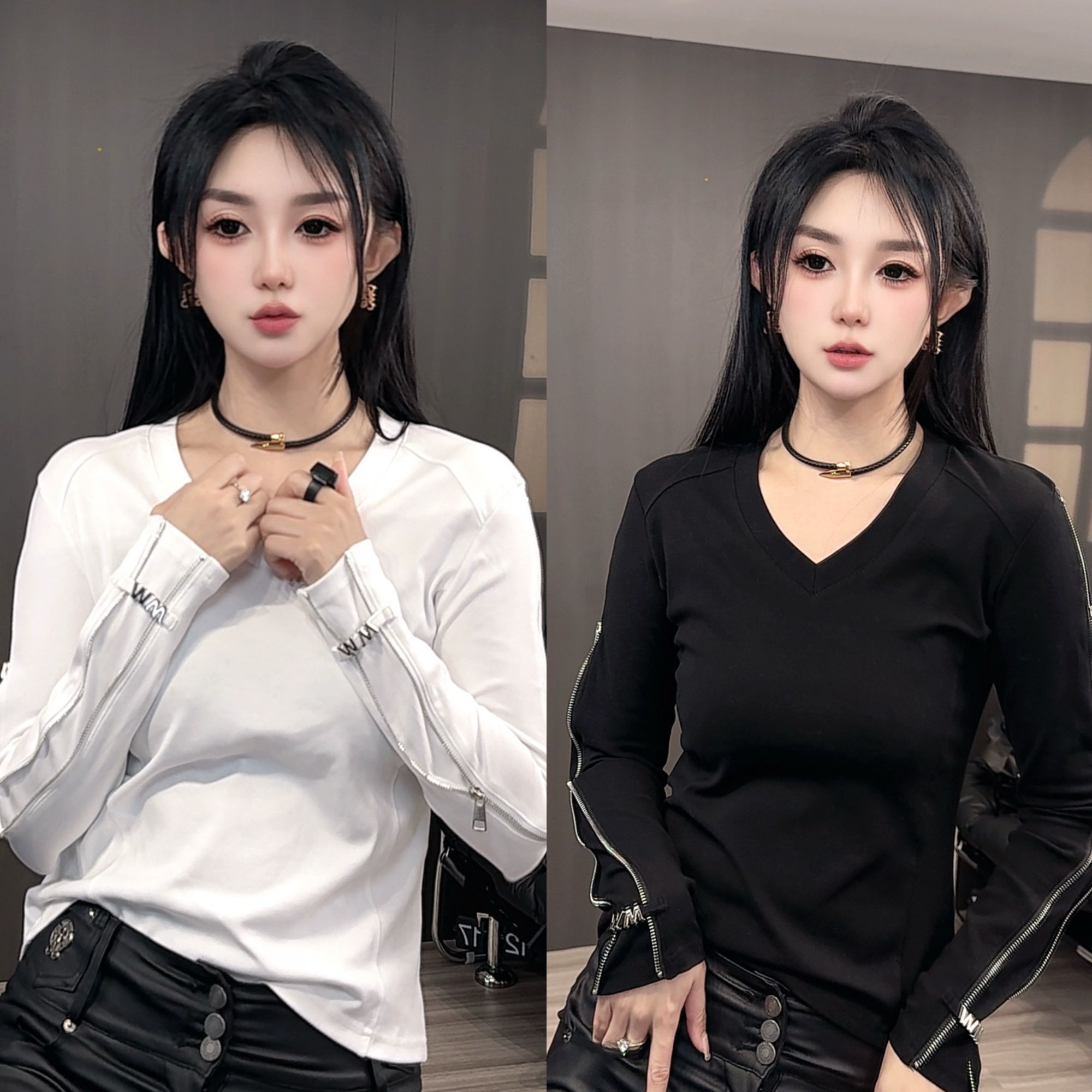 V领长袖女款简约修身T恤宽松t恤纯色T恤时尚百搭