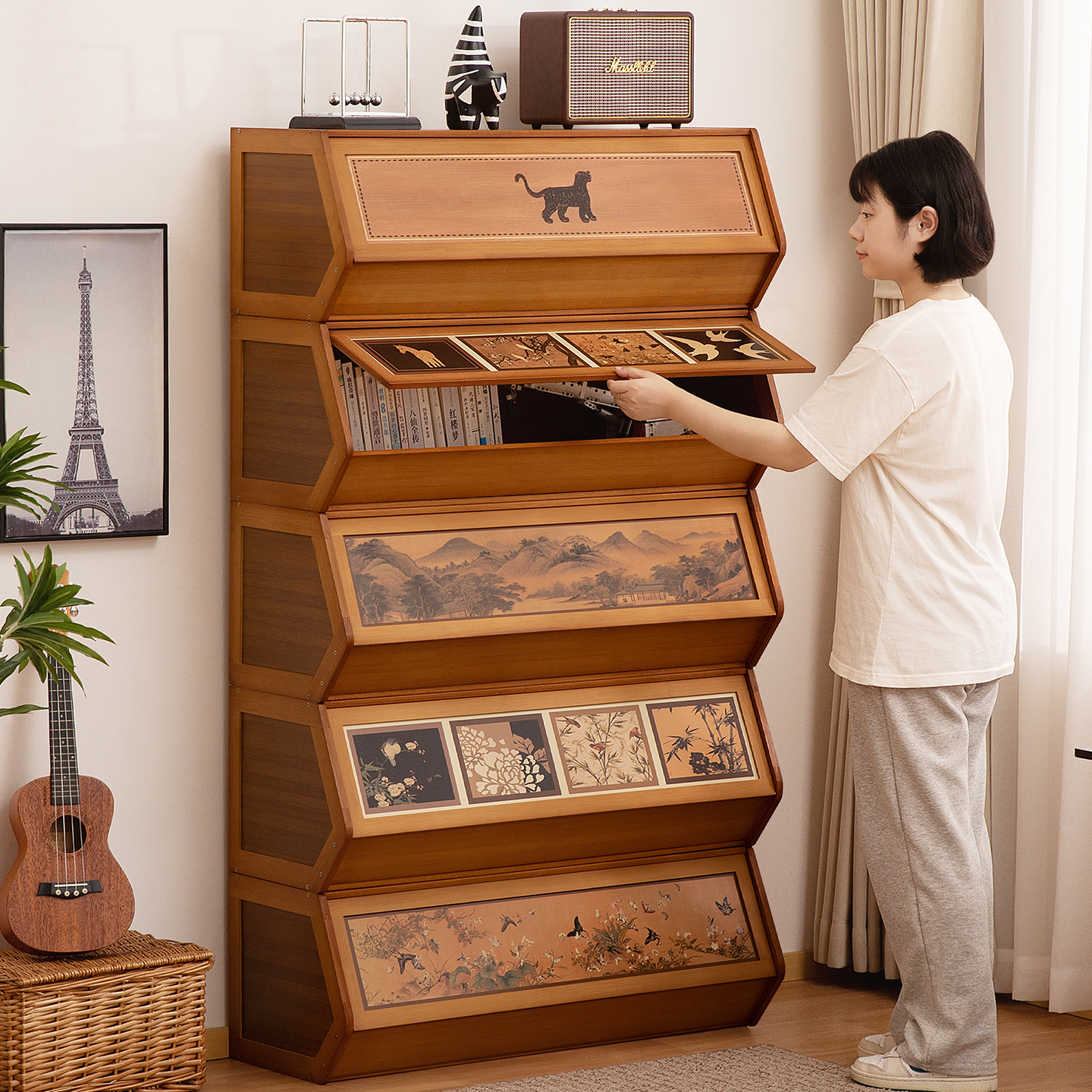 组合书柜子多功能家用落地书架置物架儿童大书橱实木多层客厅储物