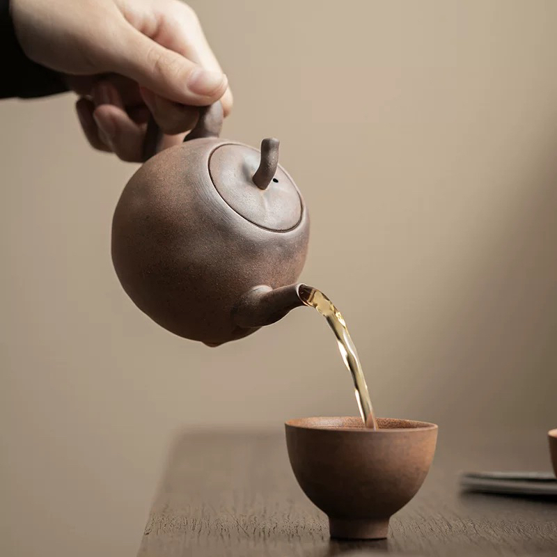 （素）苹果陶瓷茶壶茶具手捏老岩泥泡茶壶单壶家用手捏窑变复古怀旧