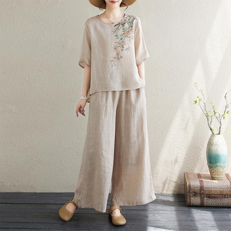 出口女装夏季妈妈休闲棉麻套装轻薄透气印花衬衫显瘦阔腿裤两套