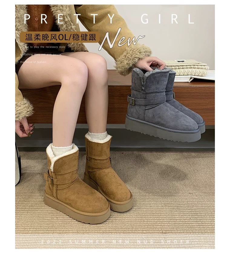 厚底雪地靴女2025年新款冬季真皮百搭短筒雪地棉加绒加厚外穿棉鞋