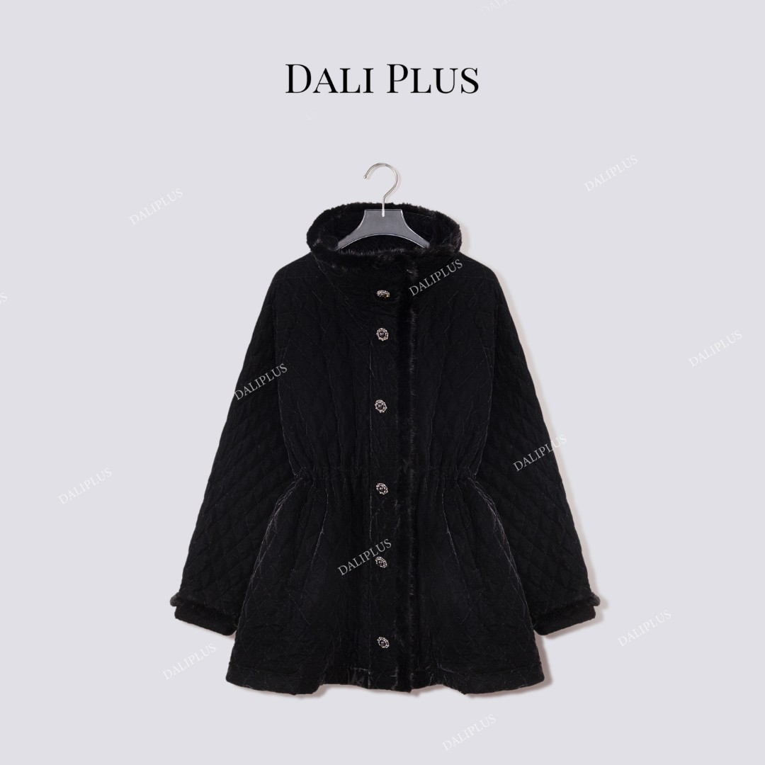 DALI PLUS“水貂毛95白鹅绒服”收腰黑丝绒绗棉轻装滑-D5ST1580