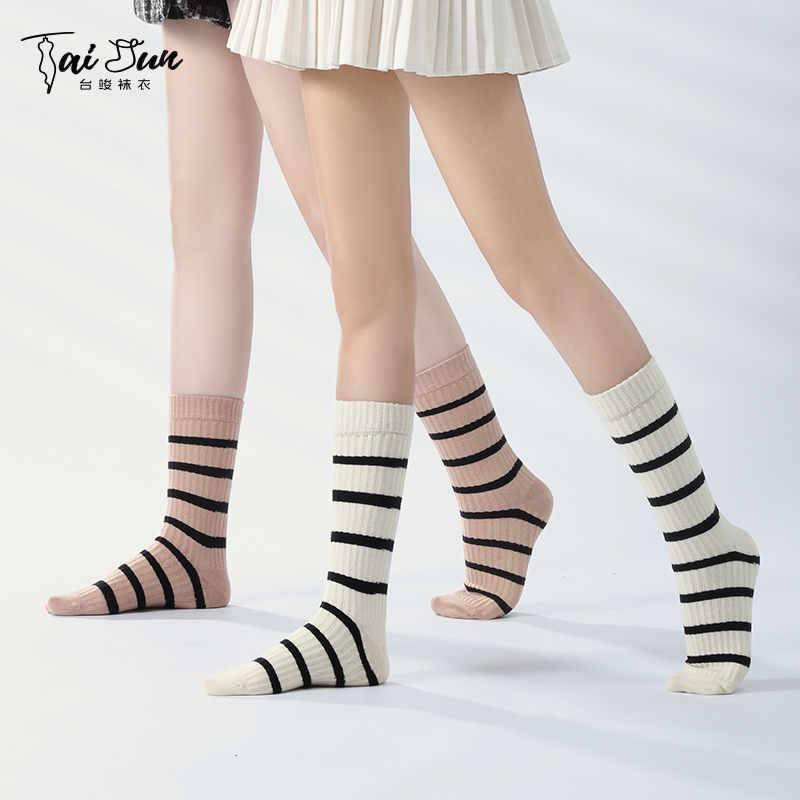 秋冬加厚包芯纱黏胶条纹堆堆袜抗菌防臭除螨中筒女袜子台竣袜衣