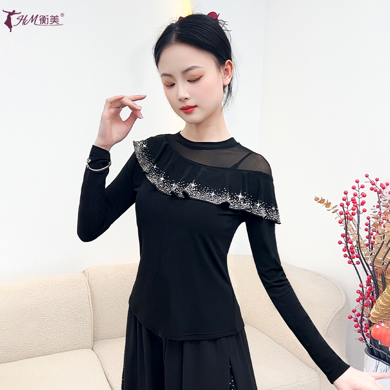 古典舞新款上衣拼接烫钻荷叶边瓢片现代舞练功服民族舞广场舞服秋