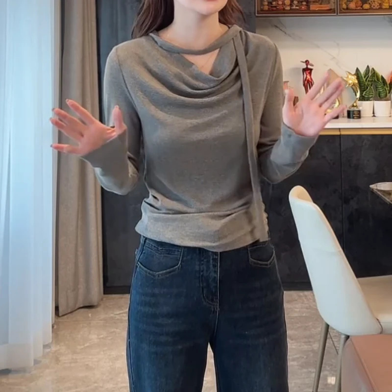 设计感荡领飘带长袖T恤女2025年秋季新款洋气百搭显瘦打底衫上衣