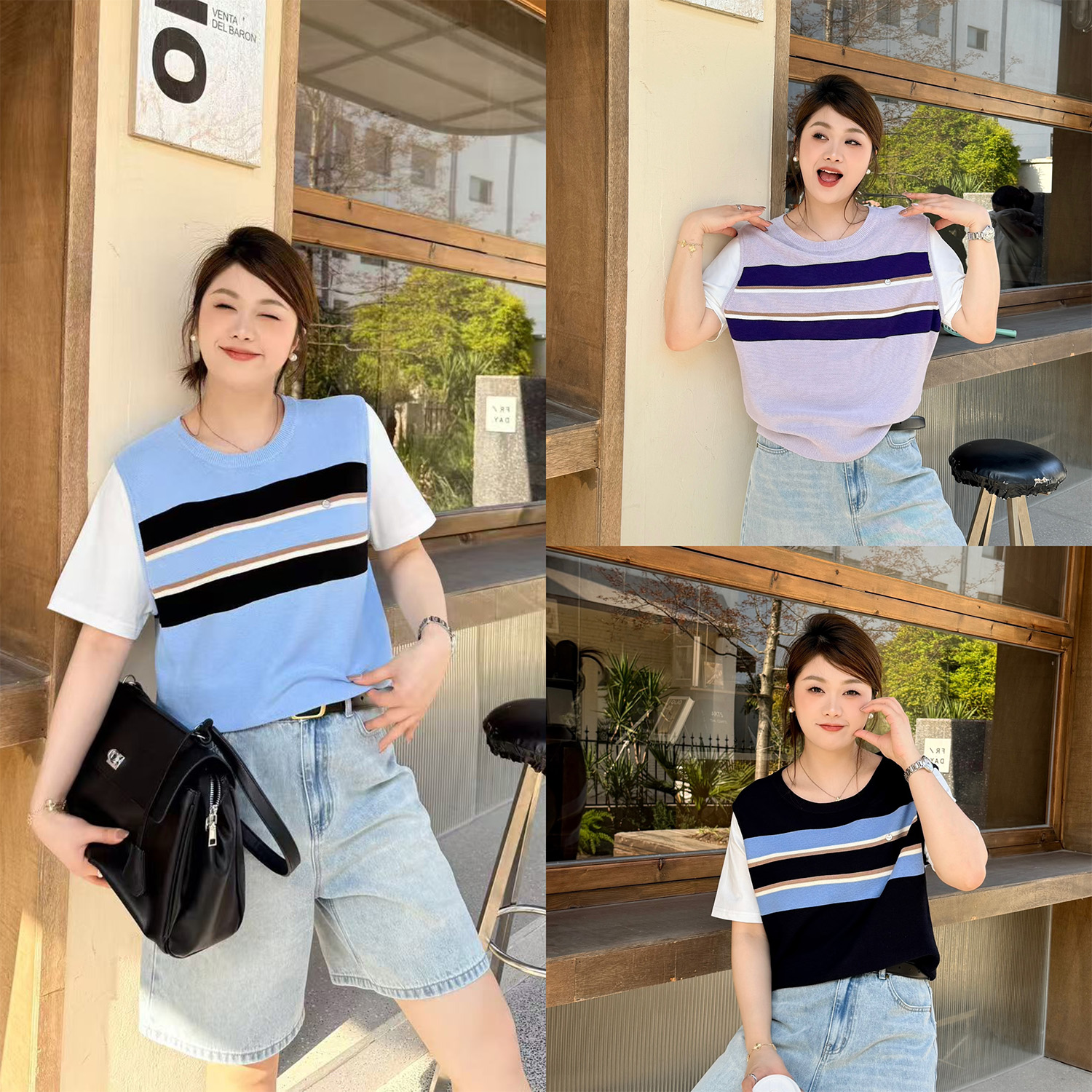 裂渡宣宣【美院转校生】微胖大码女夏百搭显瘦条纹毛织T恤ZY504F39