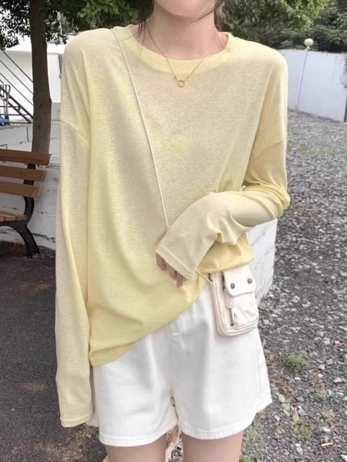 黄色圆领冰丝长袖T恤女2025春夏季宽松慵懒松弛感防晒衫薄纱上衣