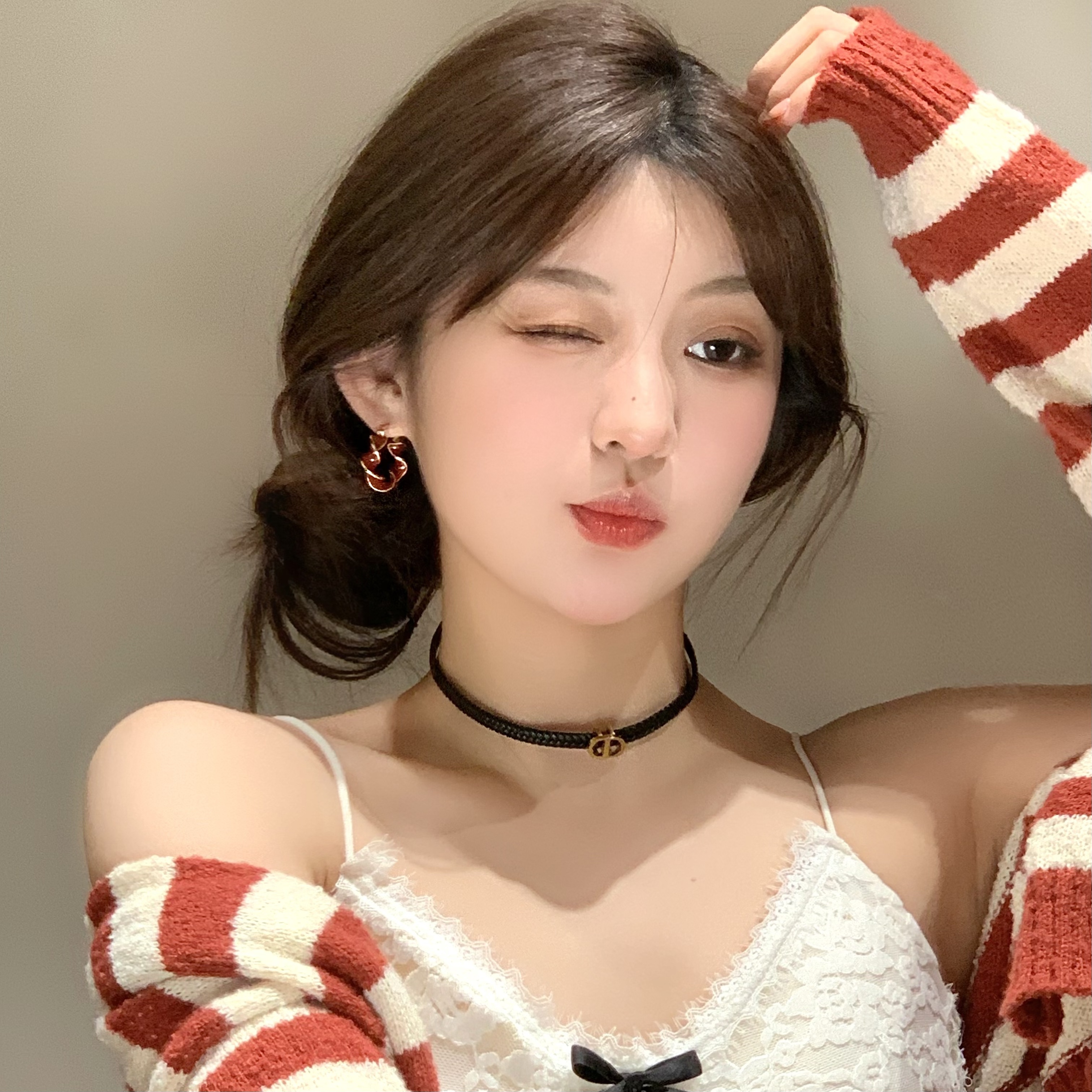 FULL GIRLISH耳环02230复古红色几何耳钉耳饰