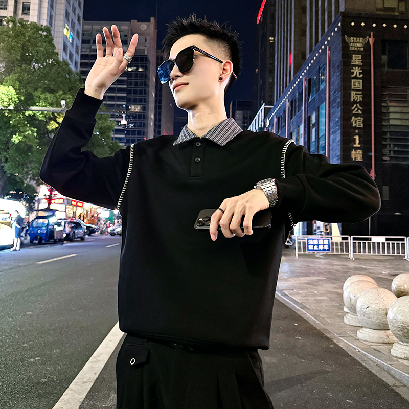 卫衣男款秋季2025新款爆款撞色格子翻领长袖打底衫青少年男装外套