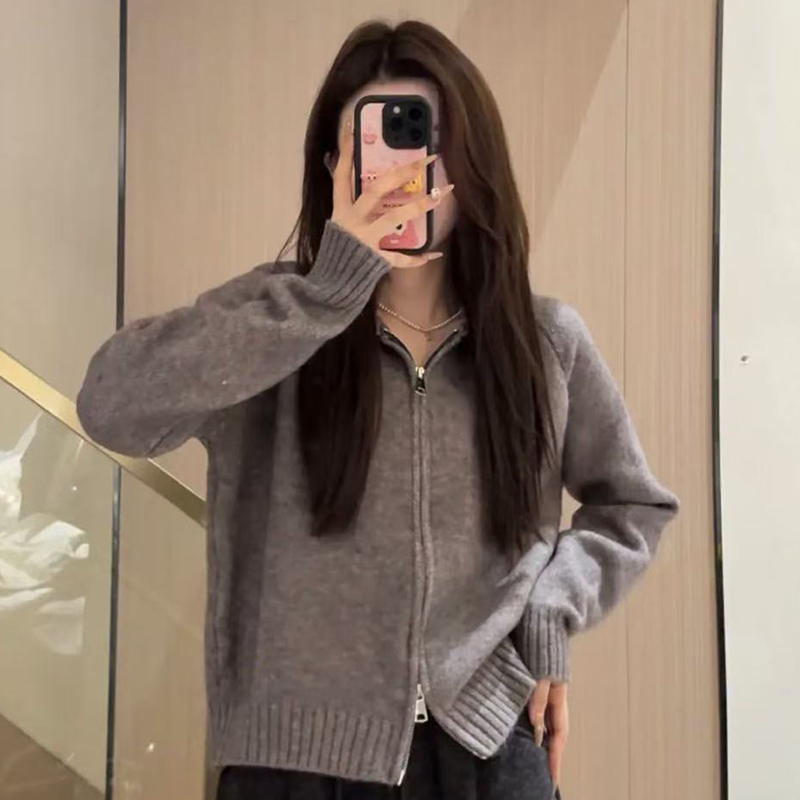 连帽拉链针织开衫女2025秋冬新款韩版宽松毛衣短款外套上衣百搭