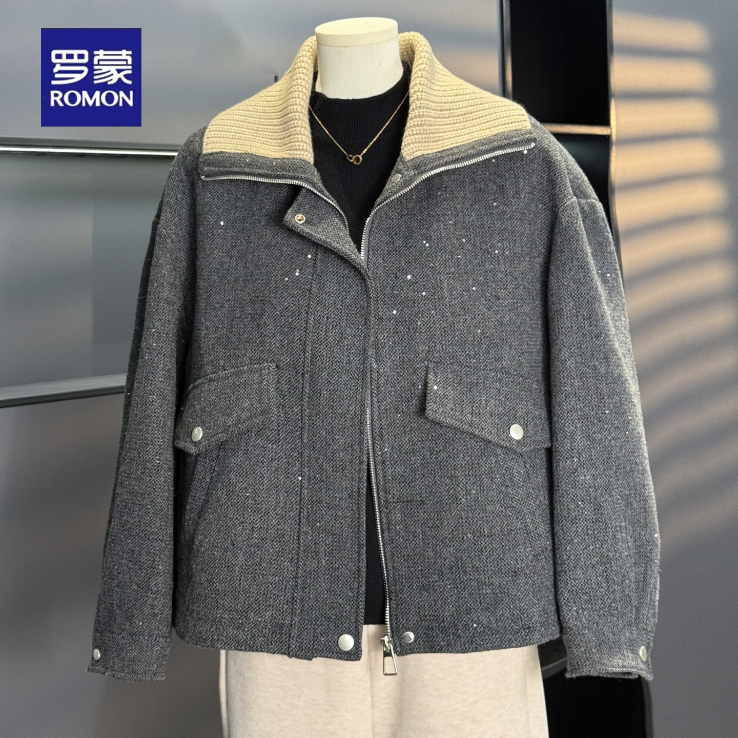 罗蒙2025新款中年妈妈秋装时尚短款外套女毛女士洋气毛呢上衣