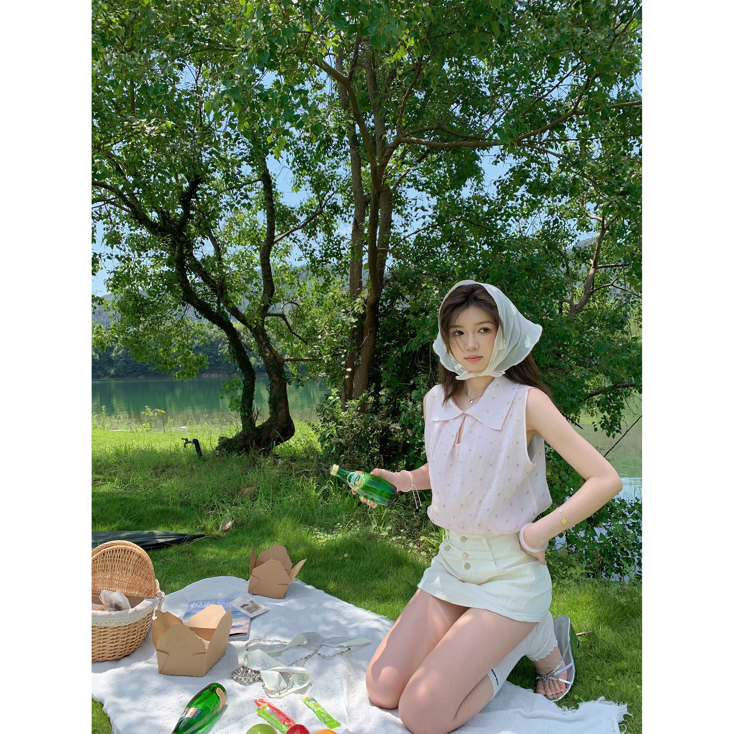 SSRUAN 蕾丝碎花显瘦气质苎麻粉波点衬衫女宽松无袖雪纺衫上衣