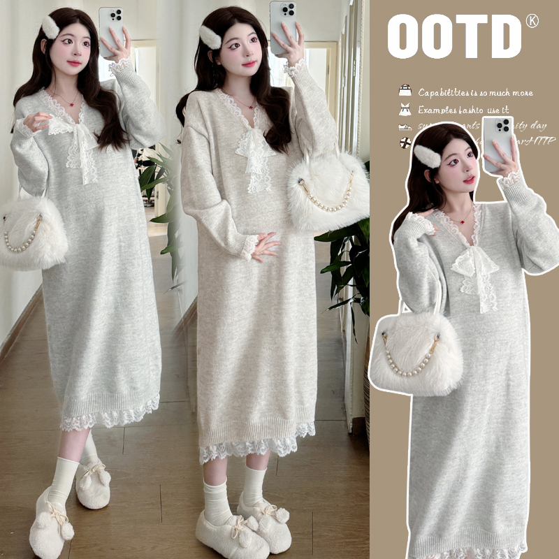 孕妇连衣裙秋季2025新款休闲慵懒风蝴蝶结蕾丝系带毛衣裙针织长裙