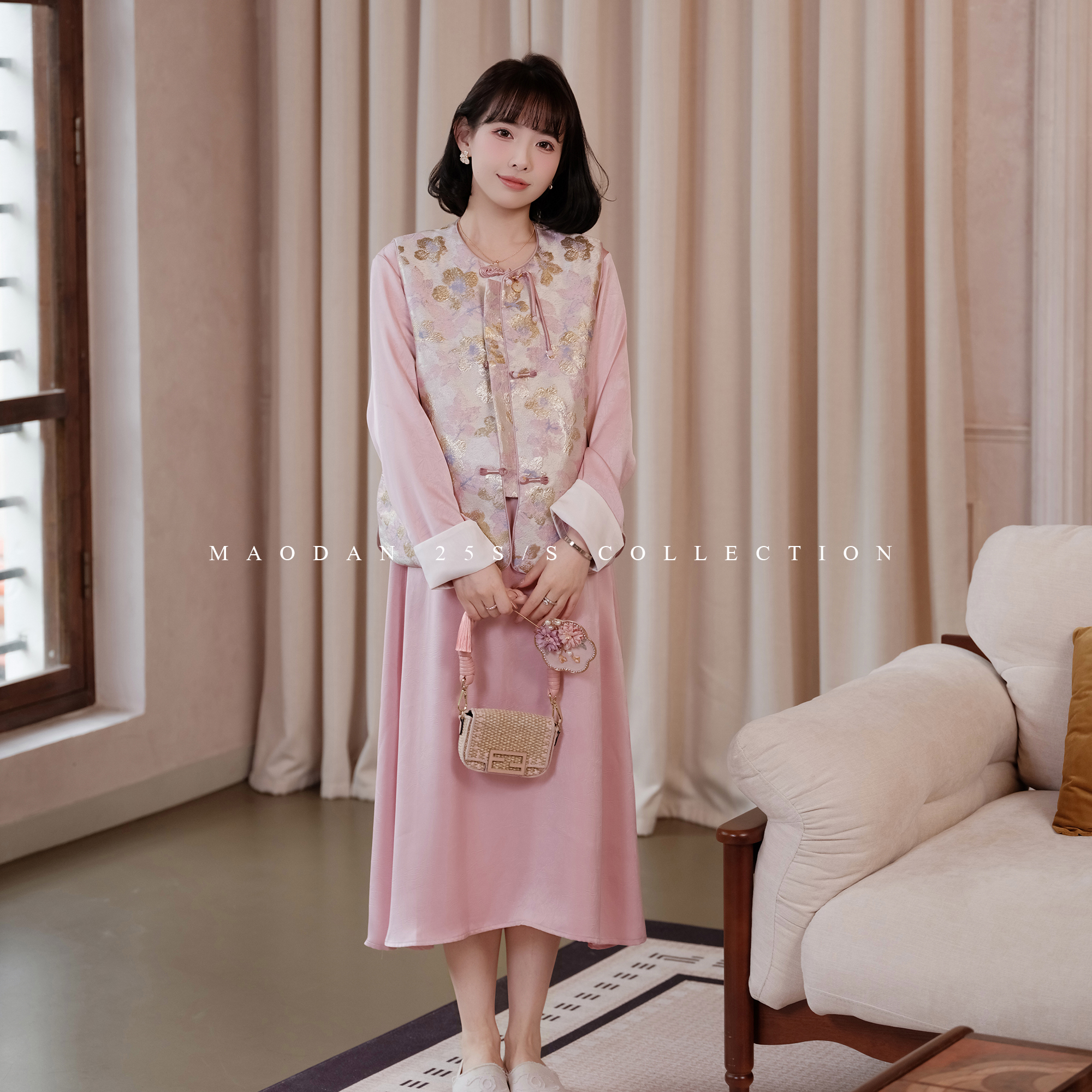 maodan/猫单【晚唐樱樱】孕妇装气质中国风提花秋季宽松缎面连衣裙