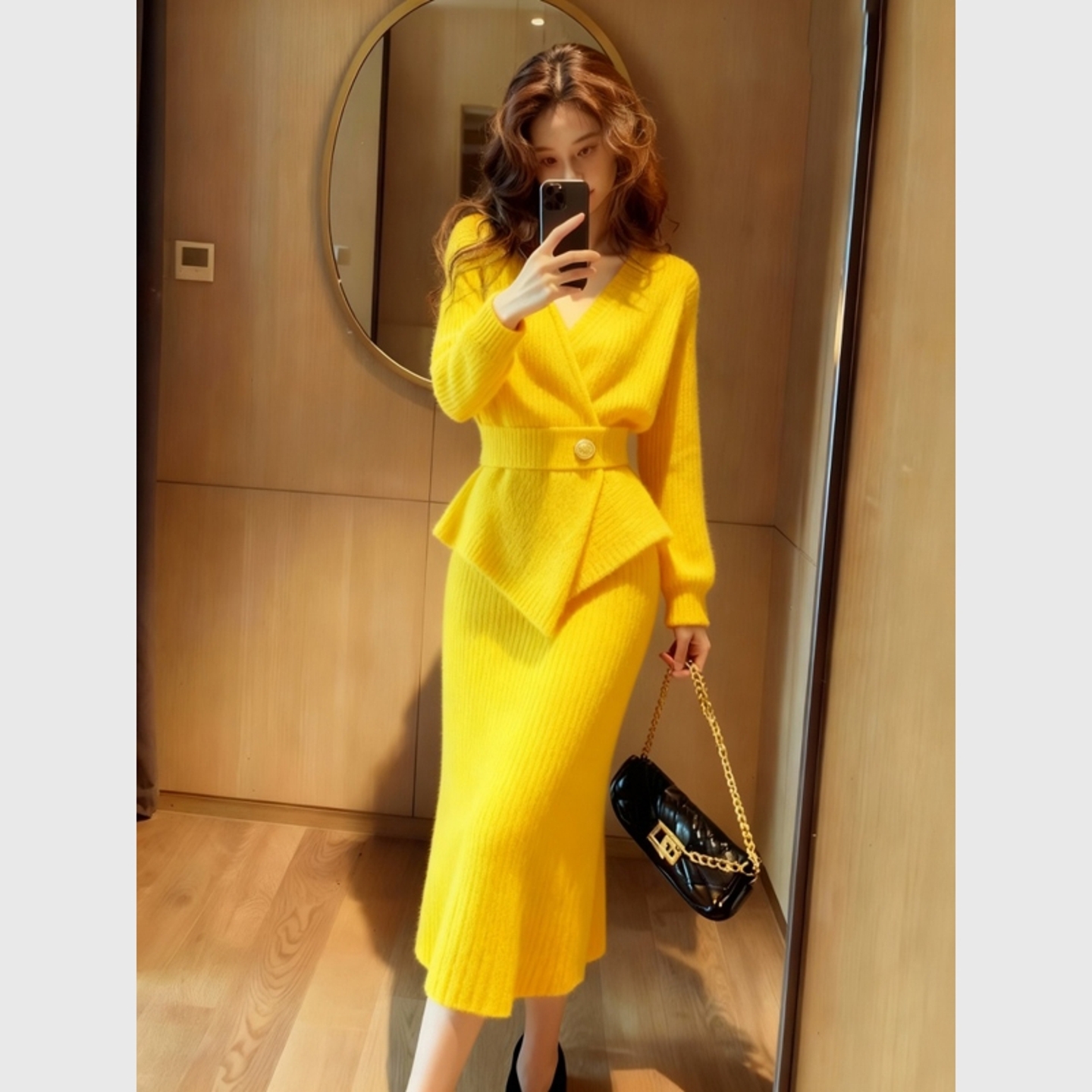 韩系一整套深冬穿搭黄色收腰V领毛衣重要场合漂亮超好看冬裙套装