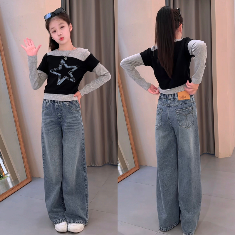 女童秋季时尚长裤中大童春秋女孩洋气显瘦休闲风牛仔直筒裤百搭