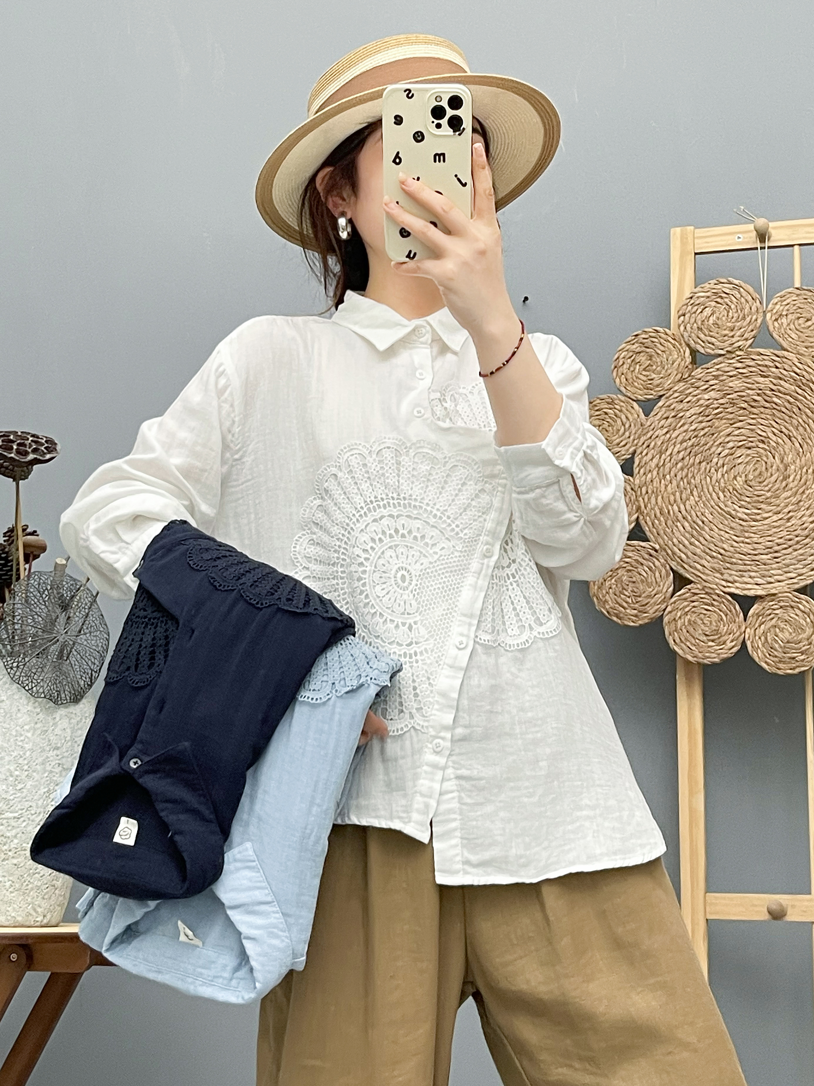 白衬衫四季通用翻领不起球纯棉刺绣长袖衬衣纯色春秋新款百搭宽松