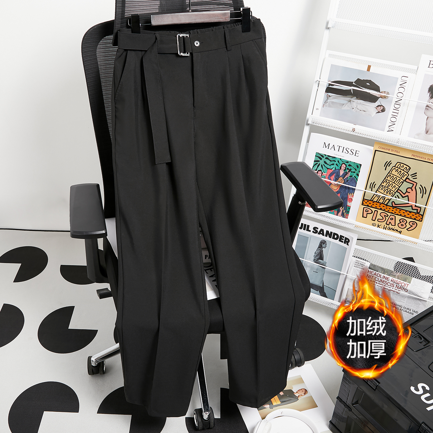 秋冬季加绒黑色系带休闲裤男士长裤美式高级感直筒长款保暖西裤男