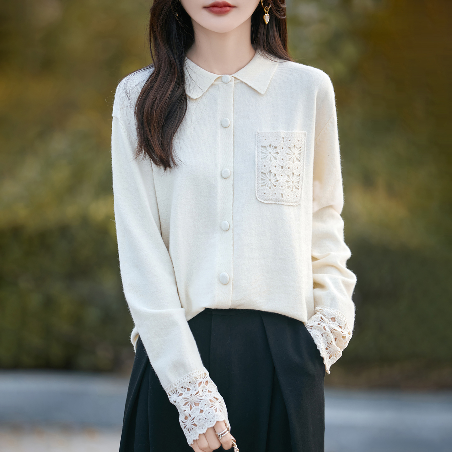 品牌官方秋冬新款小香风Polo领针织开衫气质镂空钩花袖口洋气上衣