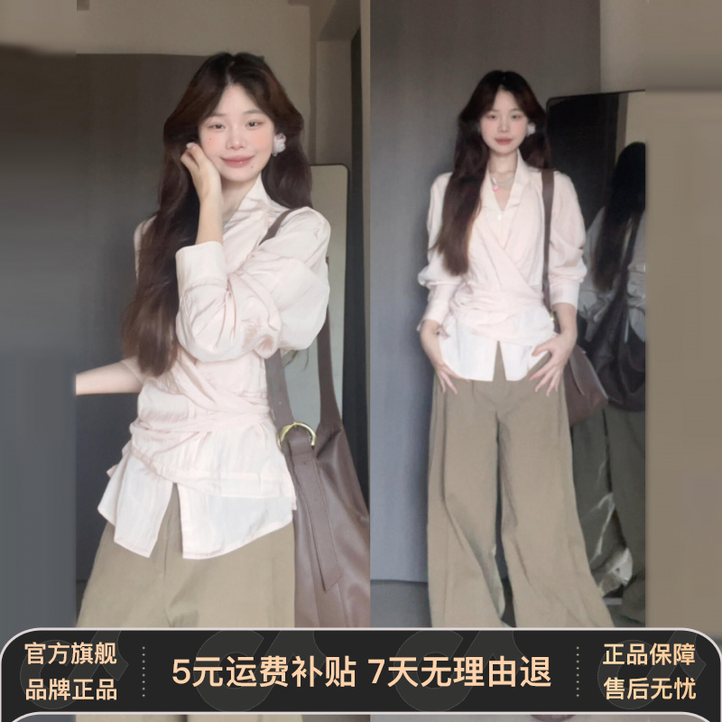 韩系不规则交叉绑带衬衫女早秋季2025新款设计感独特别致长袖上衣