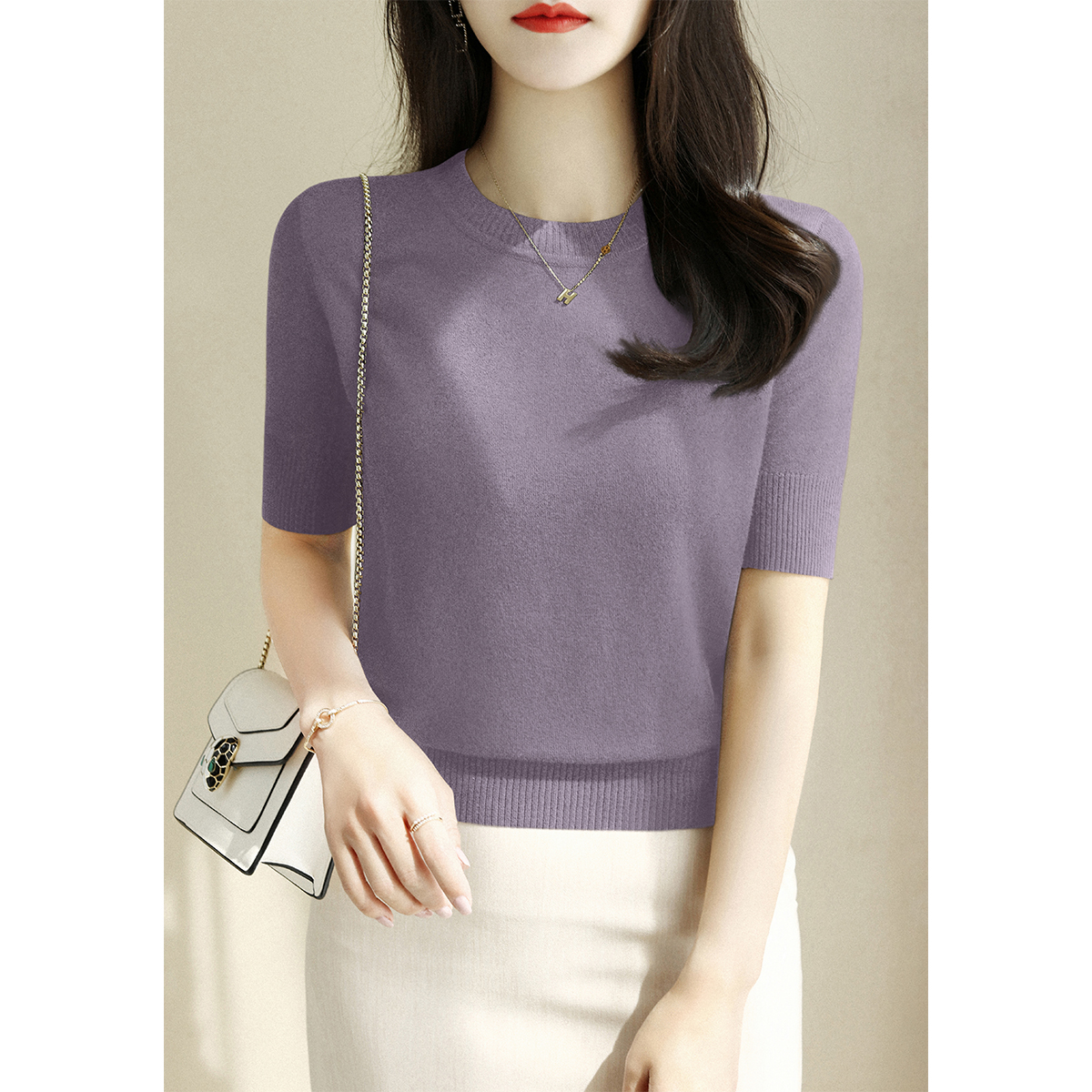 丁香紫宽松显瘦气质圆领短袖针织衫女2025秋季新款高级感T恤上衣