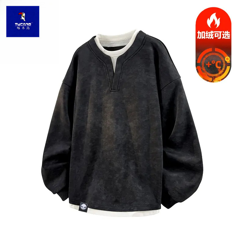 啄木鸟男款保暖潮流假两件扎染长袖加绒卫衣2025秋冬休闲舒适上衣