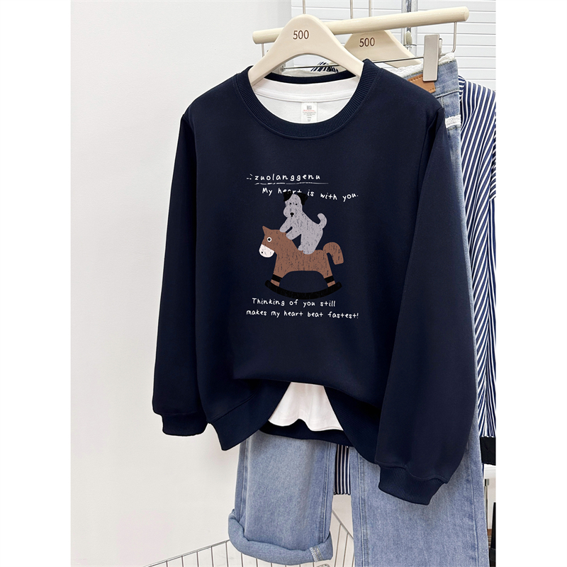 木马小狗圆领正肩卫衣女秋冬季韩版慵懒风时尚宽松大码套头衫上衣