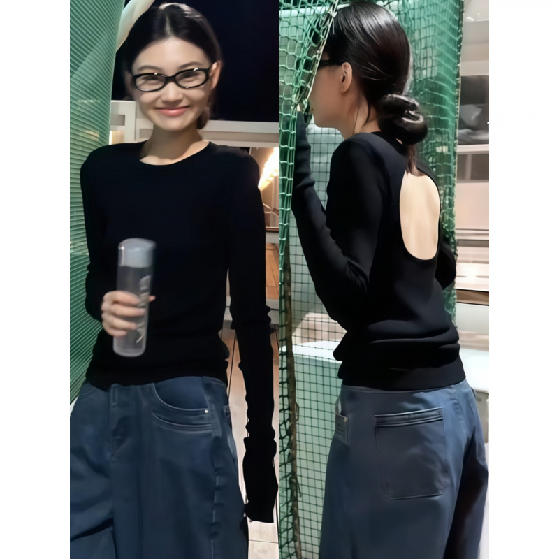 深秋初冬穿搭灰色露背外穿时尚针织衫女秋冬半高领独特漂亮小衫
