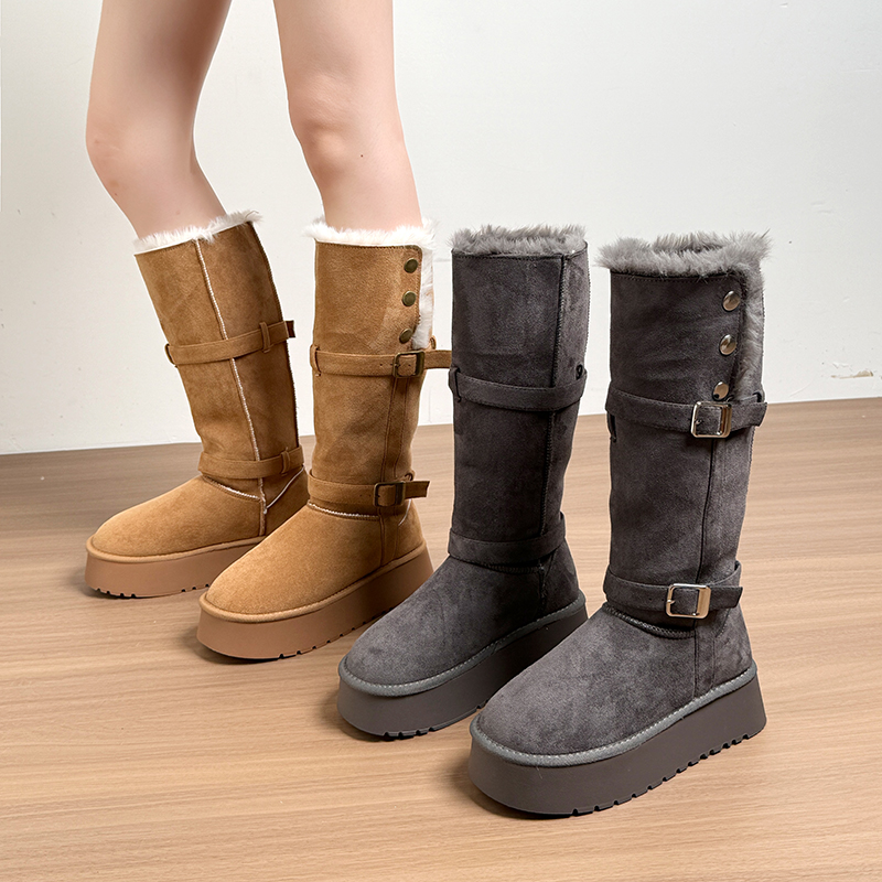高筒灰色雪地靴女厚底长筒中筒2025新款冬季加绒保暖加厚棉鞋棉靴