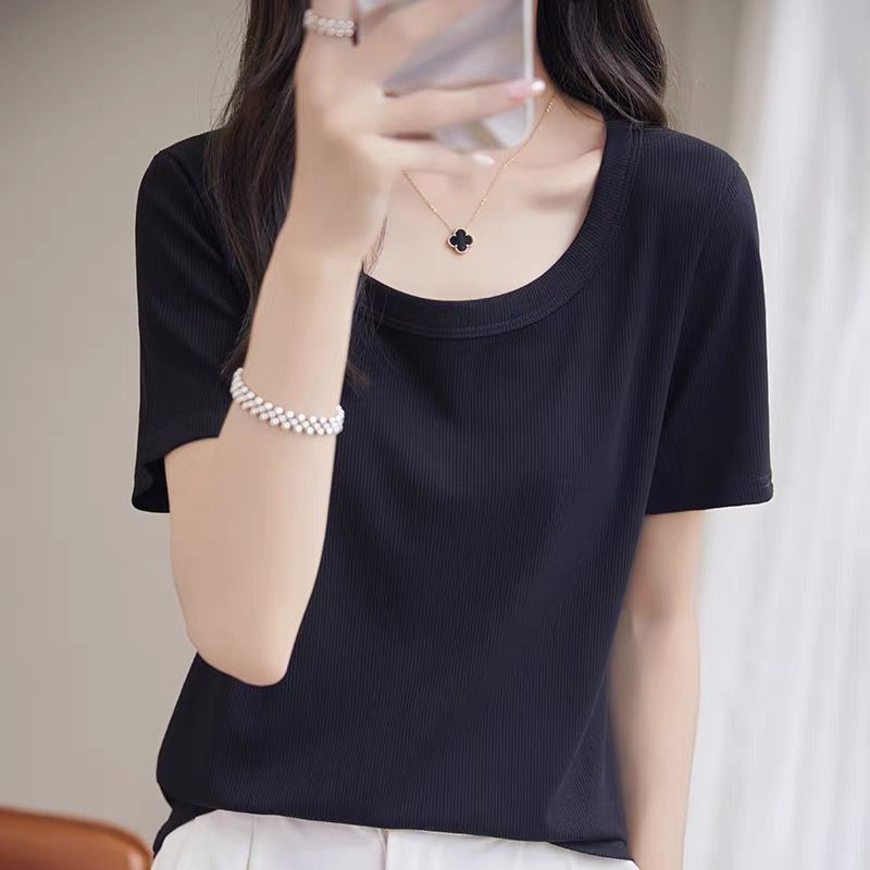 正肩水滴U领短袖女棉白t恤宽松显瘦微胖女生百搭正肩短袖t恤女