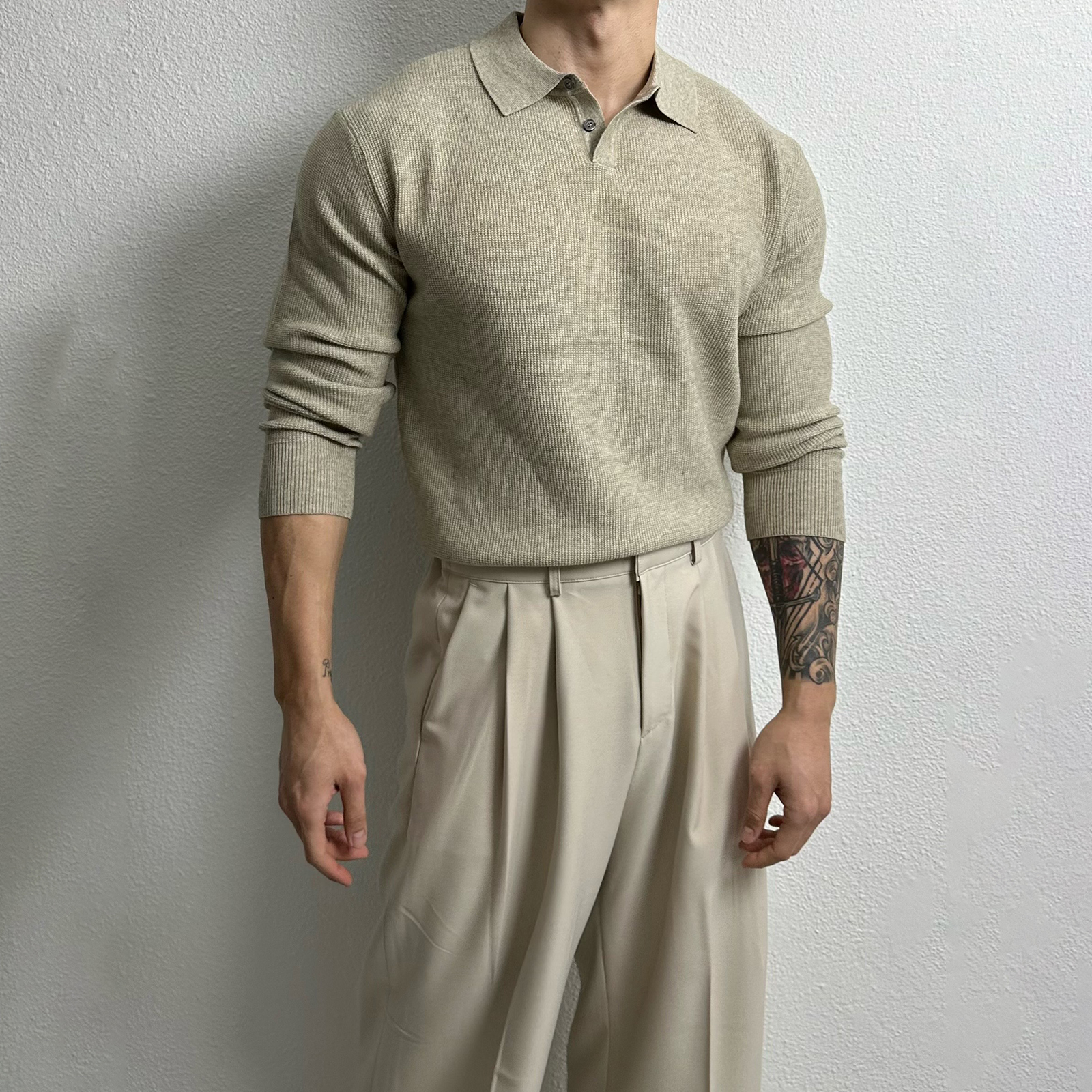 卡其色长袖针织POLO衫男春秋款美式轻熟风简约翻领套头开衫毛衣