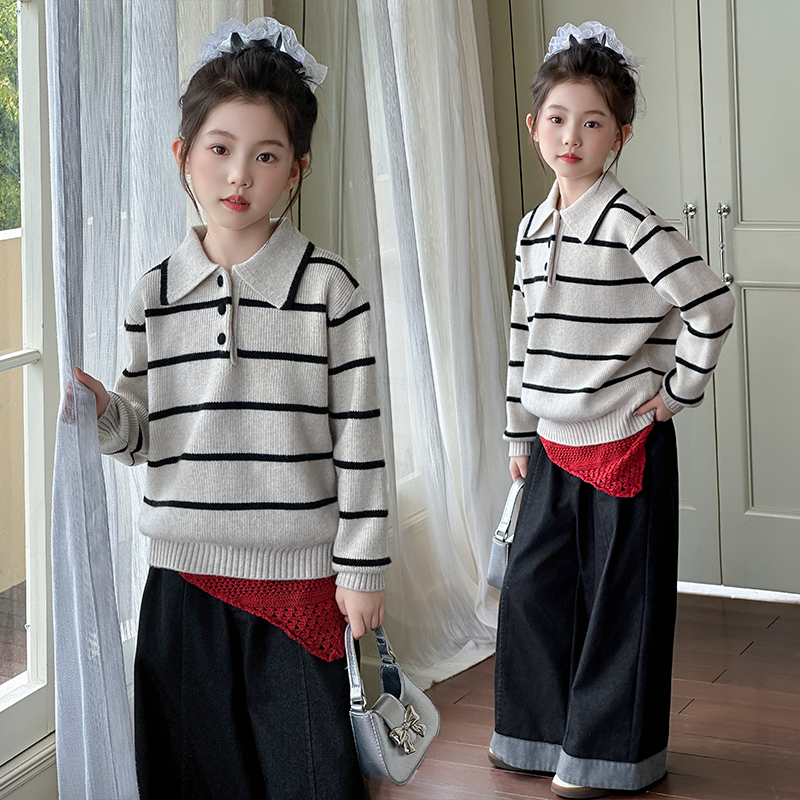 女童秋季毛衣套装2025新款女大童翻领条纹学院风针织衫儿童牛仔裤