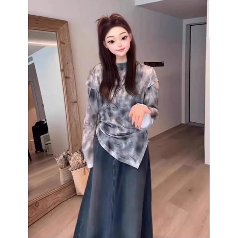 大码长袖T恤女2025新款春季收腰显瘦晕染上衣胖MM不规则破洞体恤