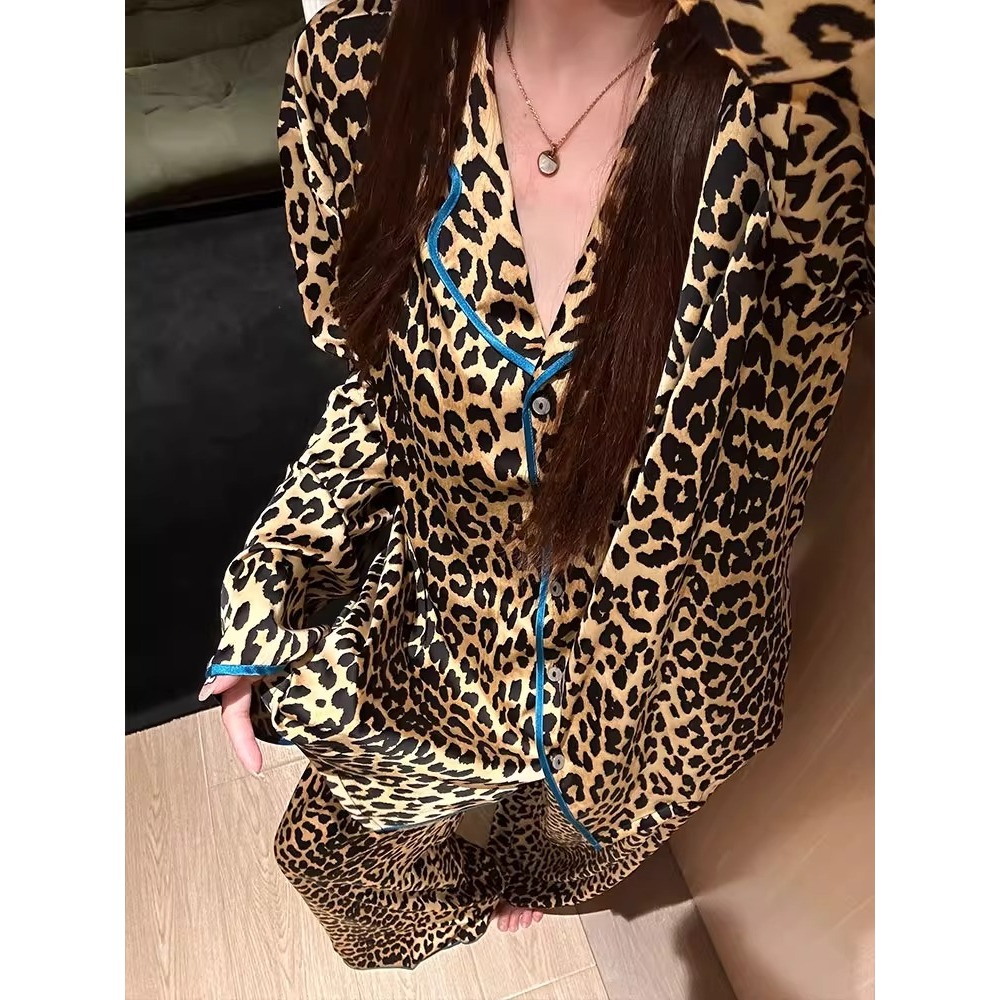 复古豹纹慵懒风长袖睡衣女夏季空调房2025新款大码长裤家居服套装