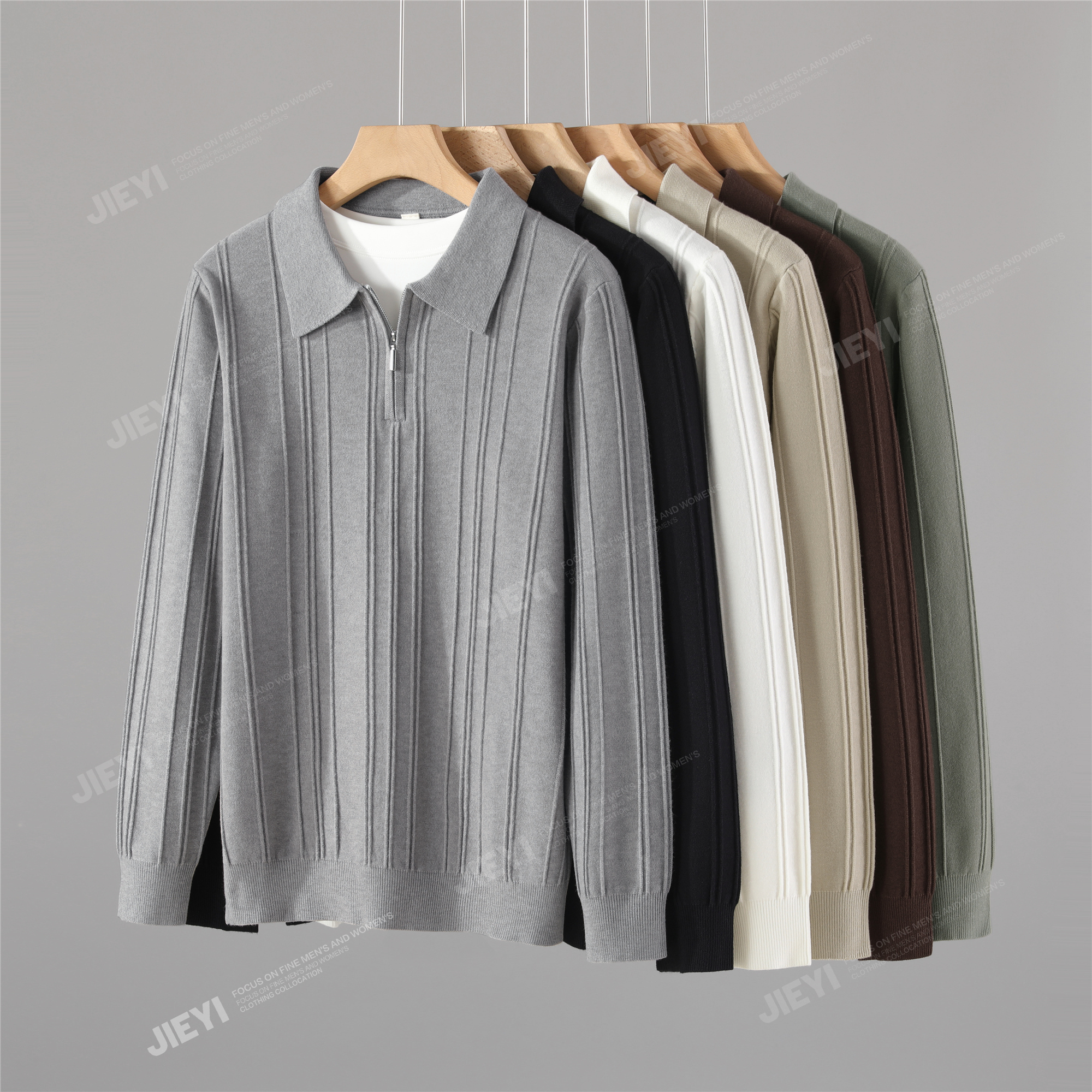 秋冬老钱风半拉链竖坑条纹设计翻领针织衫抗起球休闲百搭毛衣男士