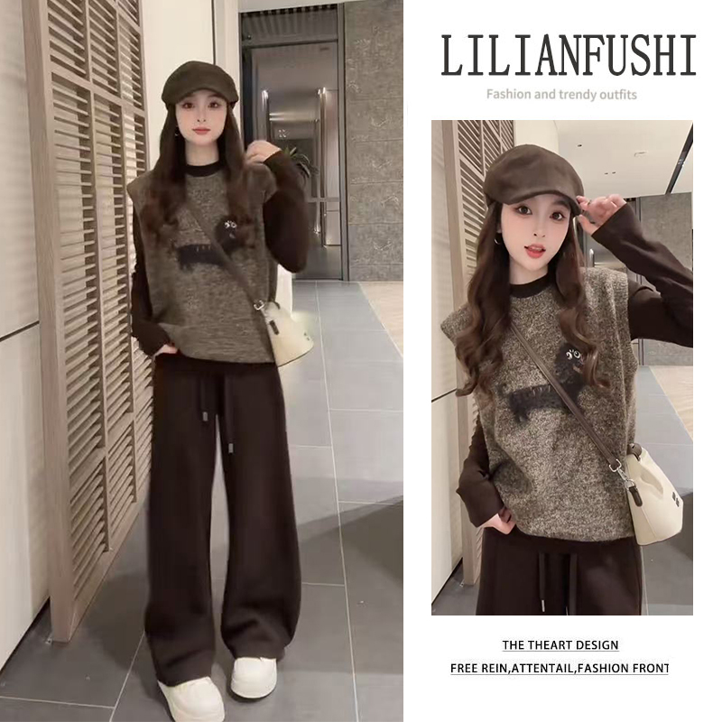 早秋温柔系穿搭女2025新款气质针织衫马甲打底衫阔腿裤休闲三件套