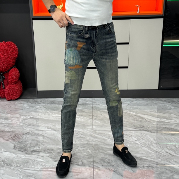 秋季时尚印花男士欧货修身小脚牛仔裤小脚裤弹力休闲裤子-50039