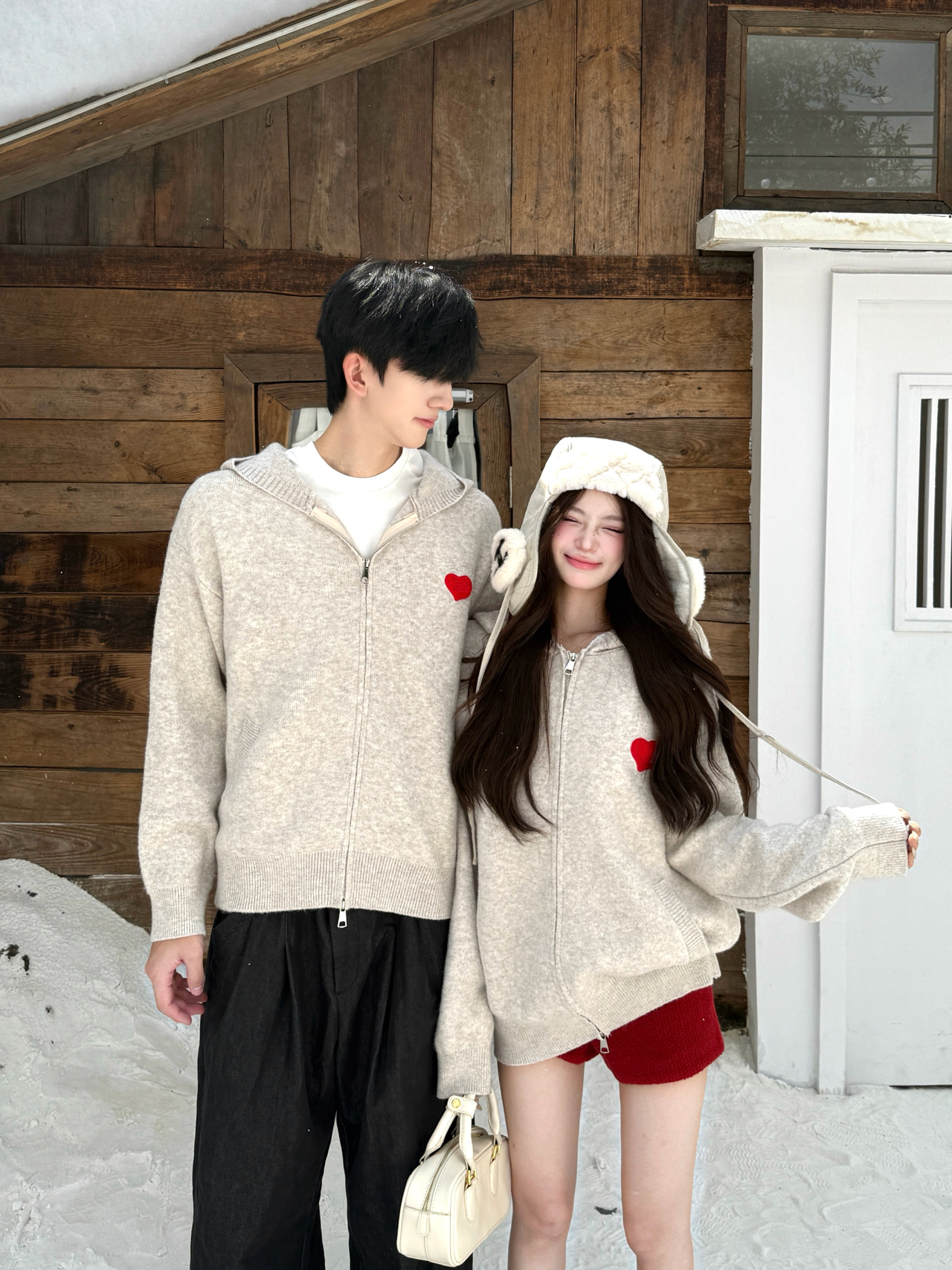 情侣针织衫毛衣纯色冬季开衫拉链连帽宽松毛衣