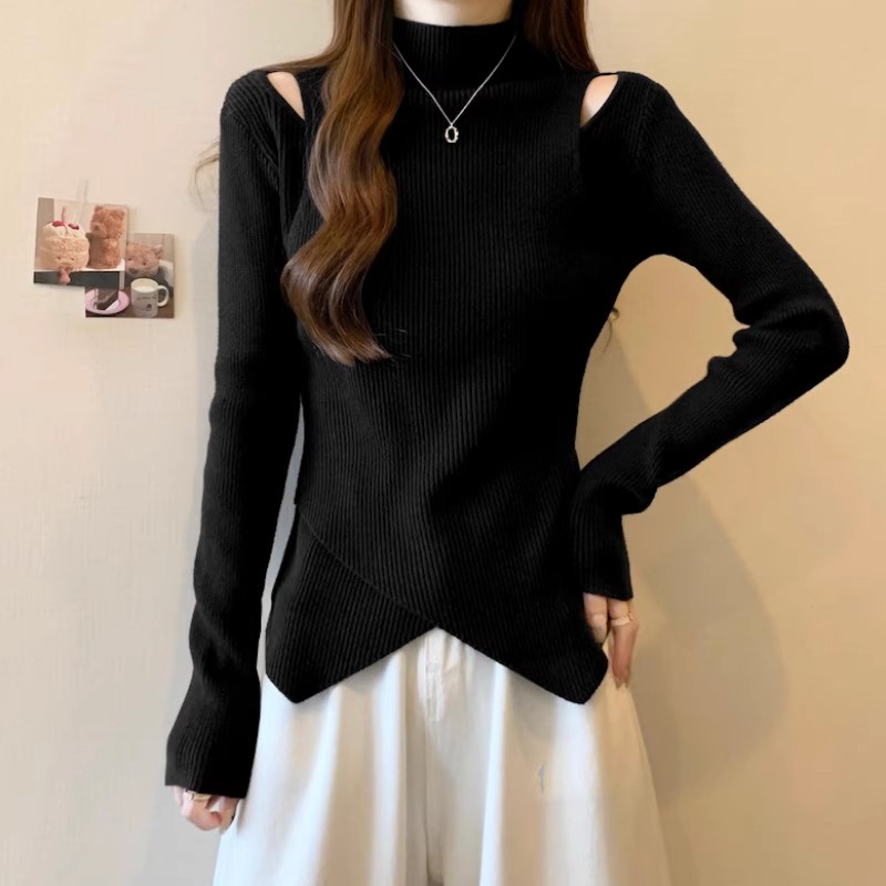 半高领露肩长袖针织衫女秋冬大码微胖MM显瘦不规则内搭打底衫上衣